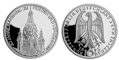 Германия, 10 марок 1995 год, Церковь Фрауэнкирхе, ПРУФ