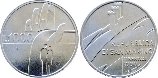 Сан Марино, 1000 лир 1990 (UNC, серебро)