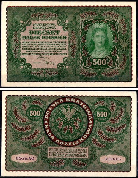 Польша 500 марок 1919 (AUNC Pick 28)