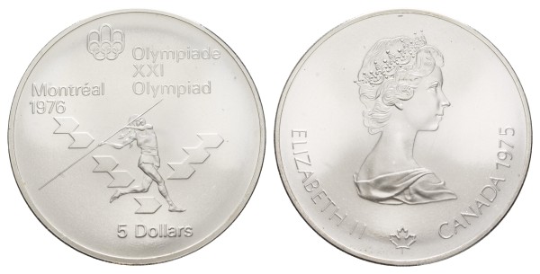 Канада 5 долларов 1975 год - Олимпийские игры в Монреале, метание копья