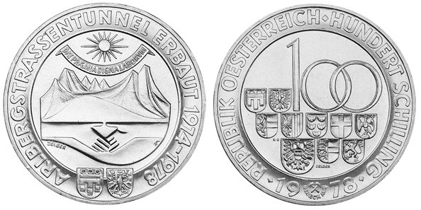 Австрия, 100 шиллингов 1978 год, Открытие тоннеля Альберг