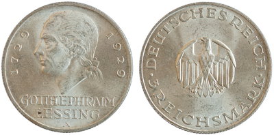 Германия, 3 марки 1929A год, Лессинг UNC 