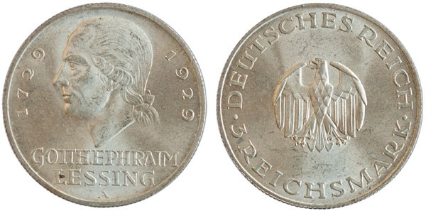 Германия, 3 марки 1929A год, Лессинг UNC 