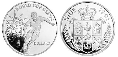 Ниуэ, 5 долларов 1991 год, ЧМ по футболу в США, ПРУФ