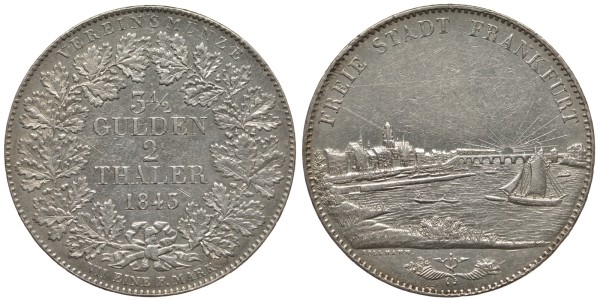 ФРАНКФУРТ 2 ТАЛЕРА = 3 1/2 ГУЛЬДЕНА 1843 ЙОХАНН ФИЛИПП ЦОЛЬМАН (1843-1856)