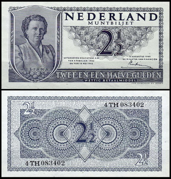 Нидерланды 2,5 гульдена 1949 (UNC Pick 73)