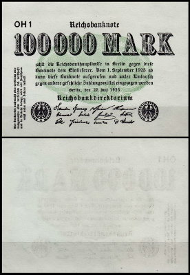 Германия 100.000 марок 1923 UNC P.91b Белая бумага