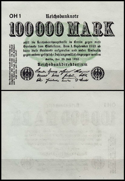 Германия 100.000 марок 1923 UNC P.91b Белая бумага