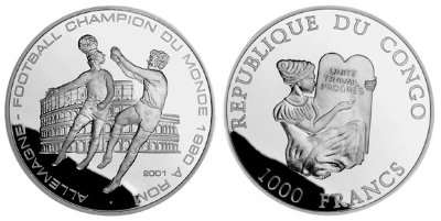 Конго, 1000 франков 2001 год, ЧМ по футболу в Италии, ПРУФ