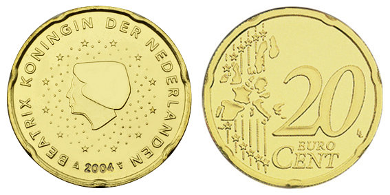 Нидерланды, 20 центов 2004 (UNC, латунь)