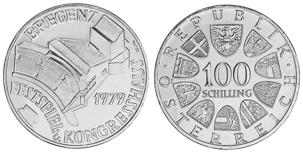 Австрия, 100 шиллингов 1979 год, Дом конгрессов в Брегенце