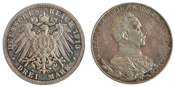 Пруссия, 3 марки 1913 год, ПРУФ 