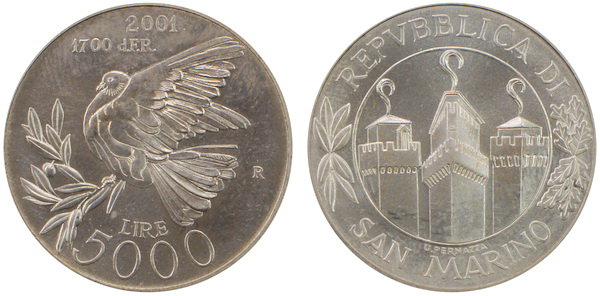 Сан Марино, 5000 лир 2001 (UNC, серебро)