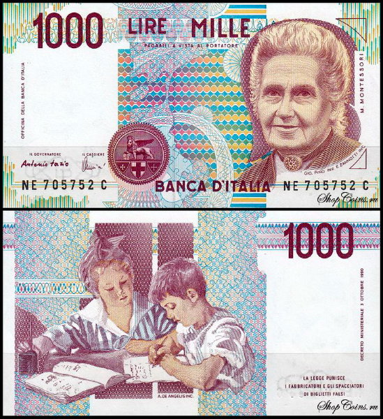 Италия 1000 лир 1990 (UNC Pick 114)