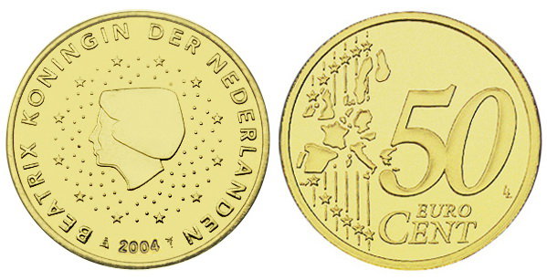 Нидерланды, 50 центов 2004 (UNC, латунь)