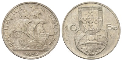 Португалия, 10 эскудо 1954 год -  парусник Каравелла