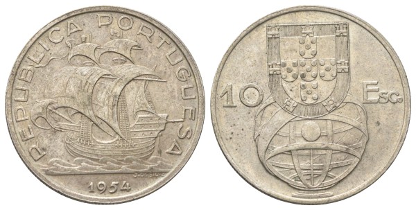 Португалия, 10 эскудо 1954 год -  парусник Каравелла