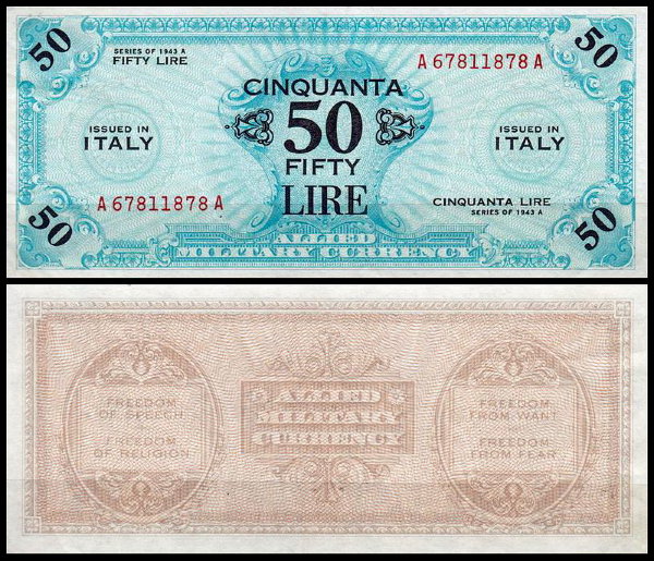 Италия 50 лир 1943A (XF Pick M20a) Серия АA