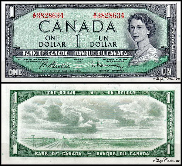 Канада 1 доллар 1961-1972 (UNC Pick 75b) Beattie-Rasminsky. Printer BABNC