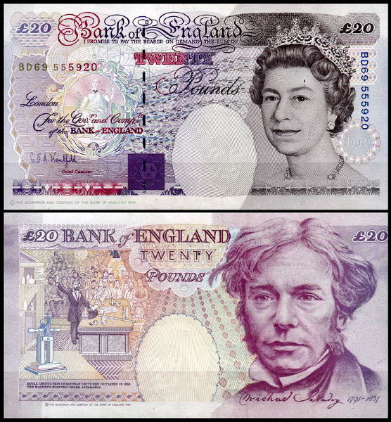 Англия 20 фунтов 1993-1998 (AUNC Pick 387a) Подпись G.E.A. Kentfield