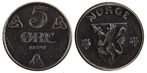 Норвегия 5 оре 1942 год