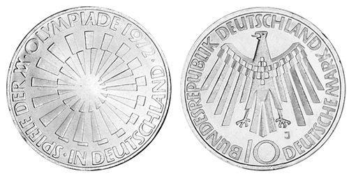 Германия, 10 марок 1972 год, XX Олимпийские игры в Мюнхене, В Германии