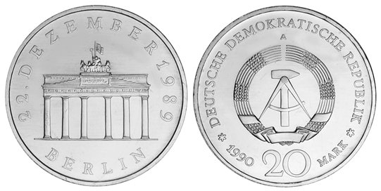 ГДР, 20 марок 1990 год, Открытие Бранденбургских ворот