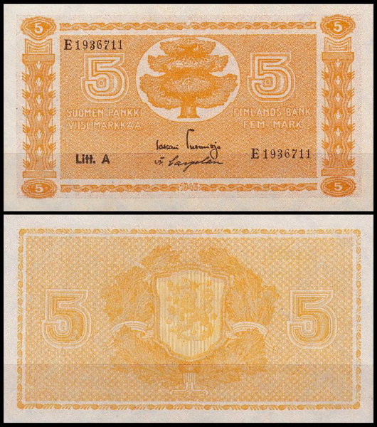 Финляндия 5 марок 1945 (UNC Pick 76)