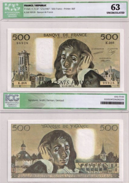 Франция 500 франков 1987 (UNC Pick 156f)