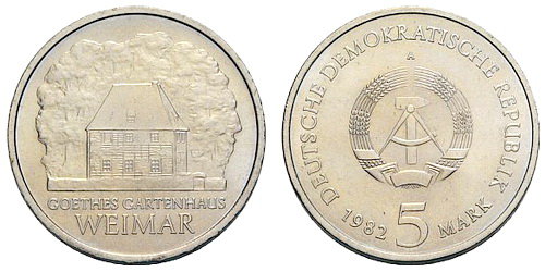 ГДР, 5 марок 1982 год, Дом Иоганна Вольфганга фон Гёте