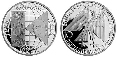Германия, 10 марок 1996 год, Адольф Колпинг, ПРУФ