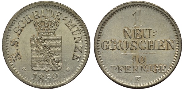Саксония 1 новый грош - 10 пфеннигов 1852 Фридрих Август II (1797-1854)