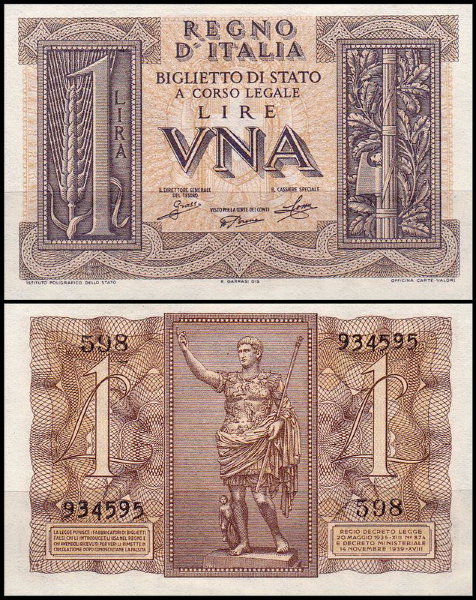 Италия 1 лира 1939 (UNC Pick 26)