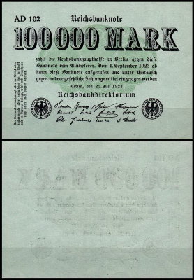 Германия 100.000 марок 1923 UNC P.91a Зелёная бумага