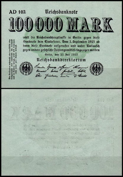 Германия 100.000 марок 1923 UNC P.91a Зелёная бумага