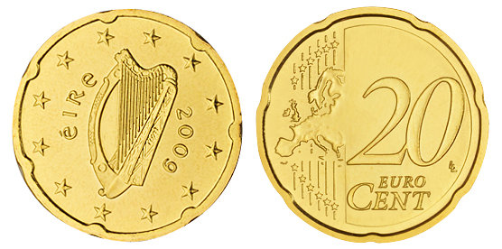 Ирландия, 20 центов 2009 (UNC, латунь)