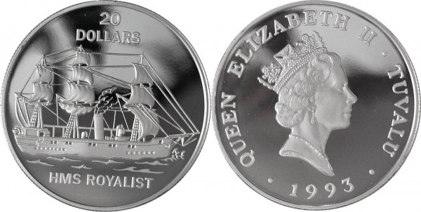 Тувалу, 20 долларов 1993 год, Корабль Роялист ПРУФ
