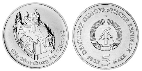 ГДР, 5 марок 1982 год, Замок Вартбург в Тюрингии