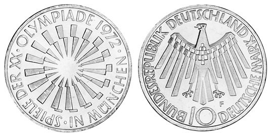Германия, 10 марок 1972 год, XX Олимпийские игры в Мюнхене, В Мюнхене