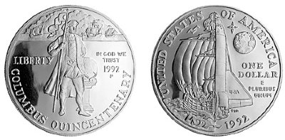 США, 1 доллар 1992 год, 500 лет открытия Америки Христофором Колумбом, ПРУФ