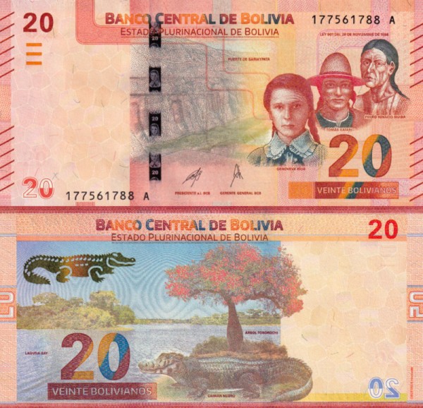 Боливия 20 боливиано 2018 (UNC Pick 249b)