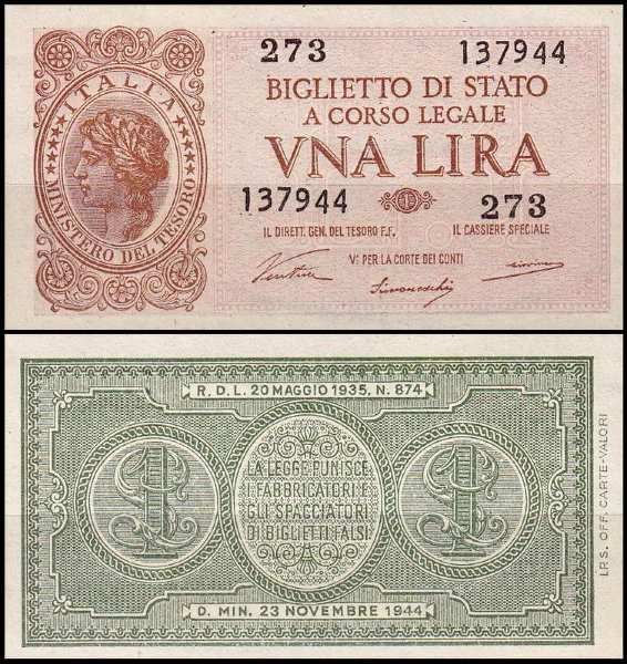 Италия 1 лира 1944 (UNC Pick 29)