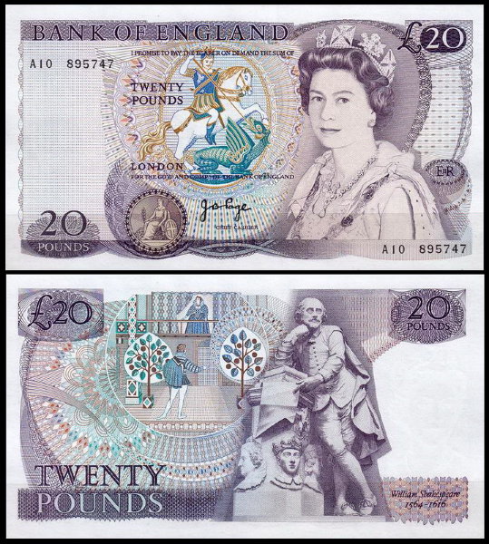 Англия 20 фунтов 1970-1980 (UNC Pick 380b) Подпись J.B.Page