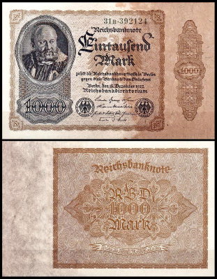 Германия 1000 марок 1922 UNC P.82 Белая бумага