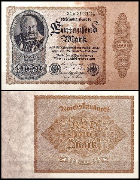 Германия 1000 марок 1922 UNC P.82 Белая бумага