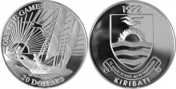 Кирибати, 20 долларов 1992 год, Парусник ПРУФ