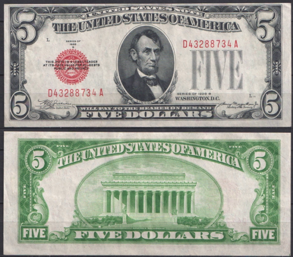 США 5 долларов 1928B (UNC Pick 379b) United States Note