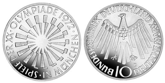 Германия, 10 марок 1972 год, XX Олимпийские игры в Мюнхене, В Мюнхене, ПРУФ
