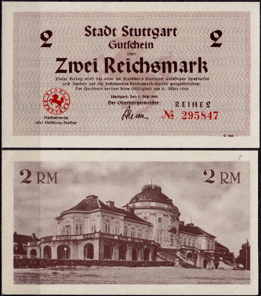 Штутгарт 2 марки 1945 (UNC) Штутгарт 2 марки 1945 (UNC)