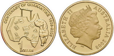 Австралия, 1 доллар 2008 (UNC, бронза) 100-летие подписания акта о карантине животных